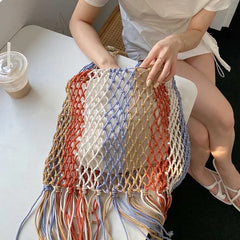 Colorful Summer Beach Bag Woven Knitted Straw Handbag Tassel Shoulder Bags