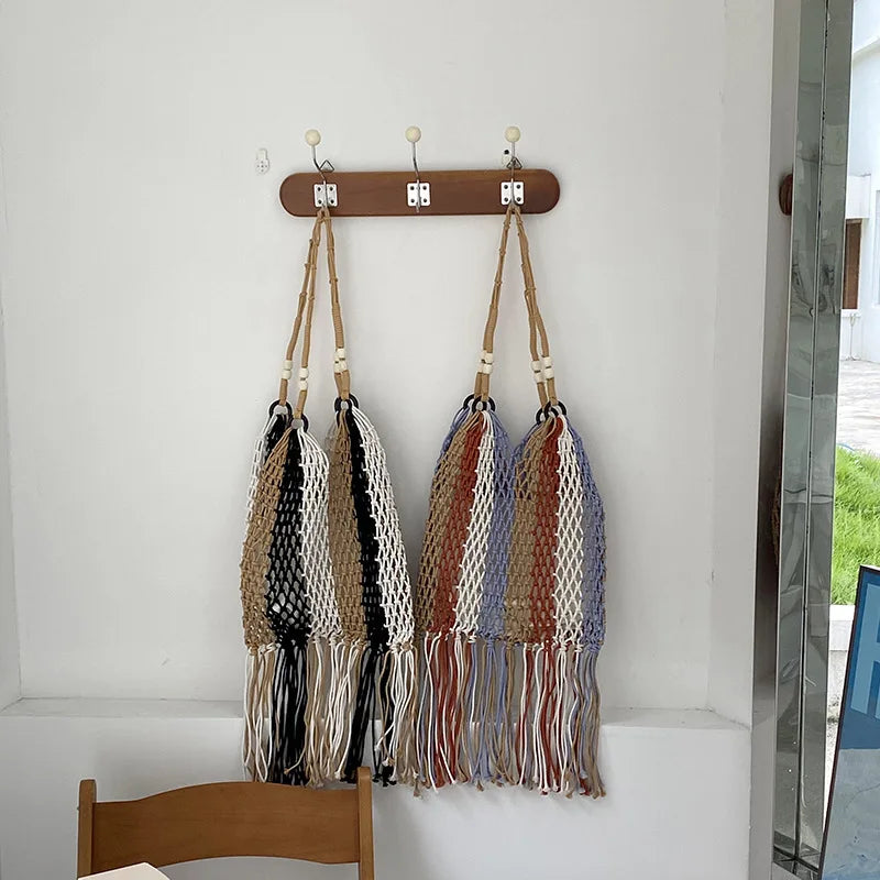 Colorful Summer Beach Bag Woven Knitted Straw Handbag Tassel Shoulder Bags