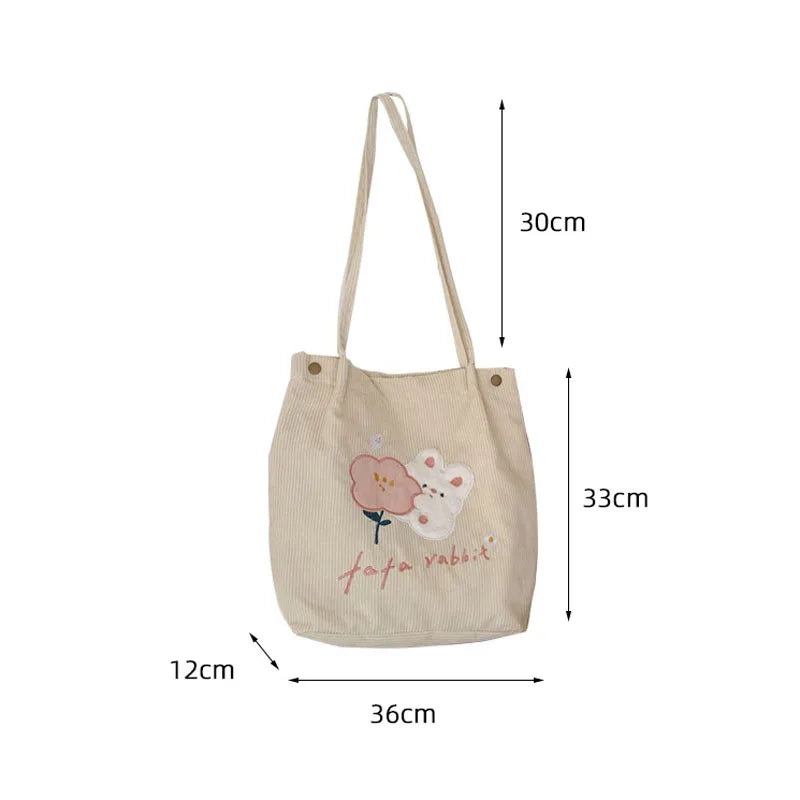 Rabbit Embroidery Handbag Corduroy Shoulder Bag