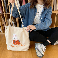 Rabbit Embroidery Handbag Corduroy Shoulder Bag