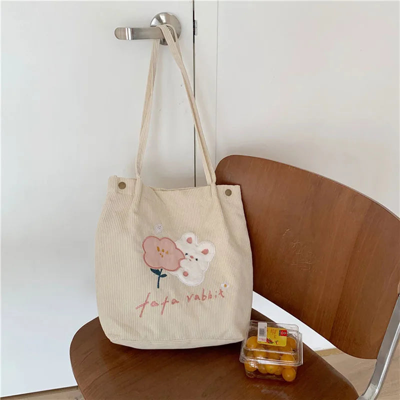Rabbit Embroidery Handbag Corduroy Shoulder Bag