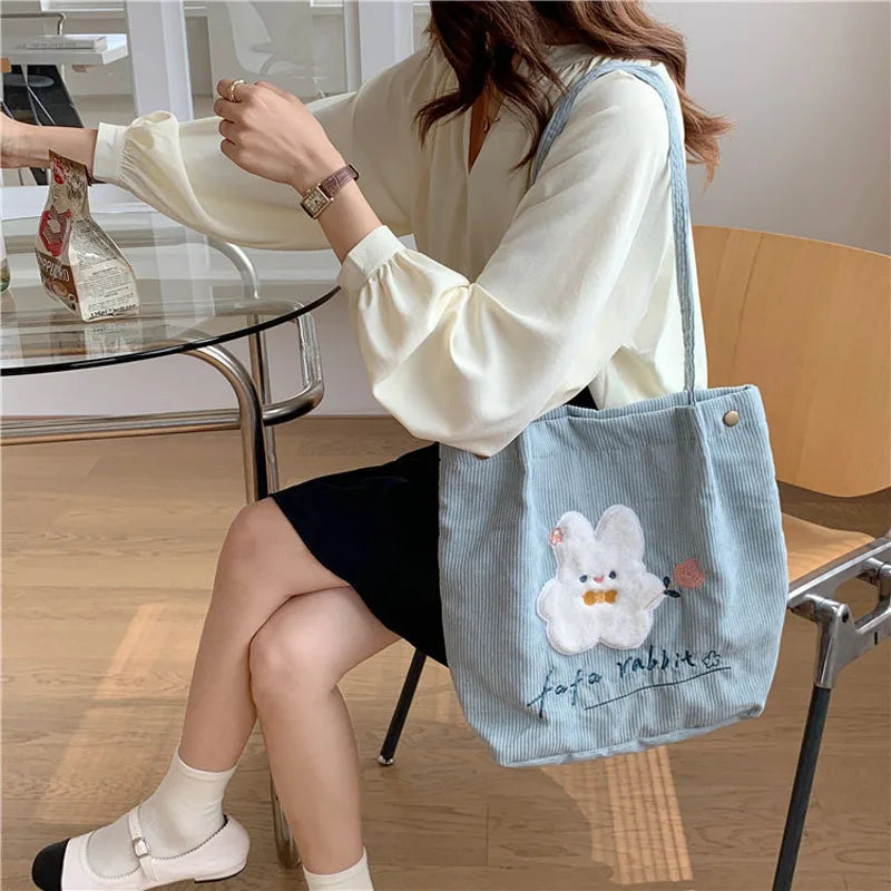 Rabbit Embroidery Handbag Corduroy Shoulder Bag