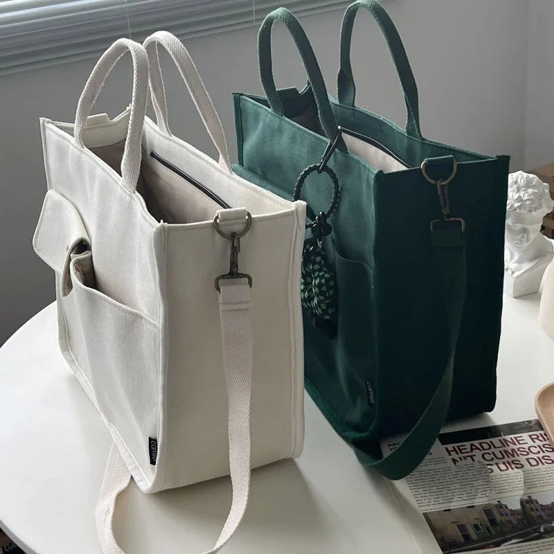 Women Shoulder Canvas Tote Girl Casual Shopper Handbags Retro Solid Schoolbag
