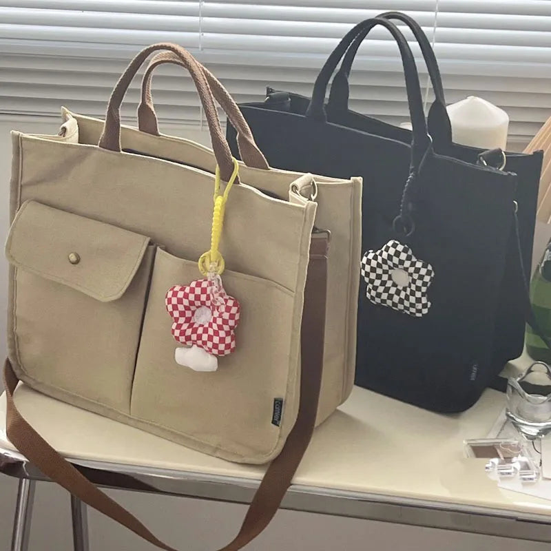 Women Shoulder Canvas Tote Girl Casual Shopper Handbags Retro Solid Schoolbag