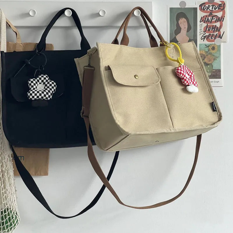 Women Shoulder Canvas Tote Girl Casual Shopper Handbags Retro Solid Schoolbag