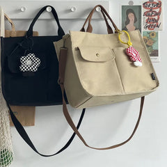Women Shoulder Canvas Tote Girl Casual Shopper Handbags Retro Solid Schoolbag