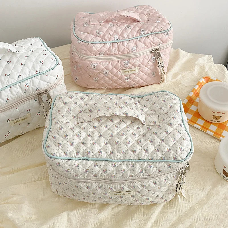Quilted Cotton Makeup Bag Floral Cosmetic Pouch Portable Travel Beauty Case