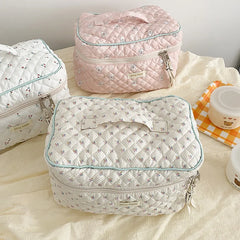 Quilted Cotton Makeup Bag Floral Cosmetic Pouch Portable Travel Beauty Case