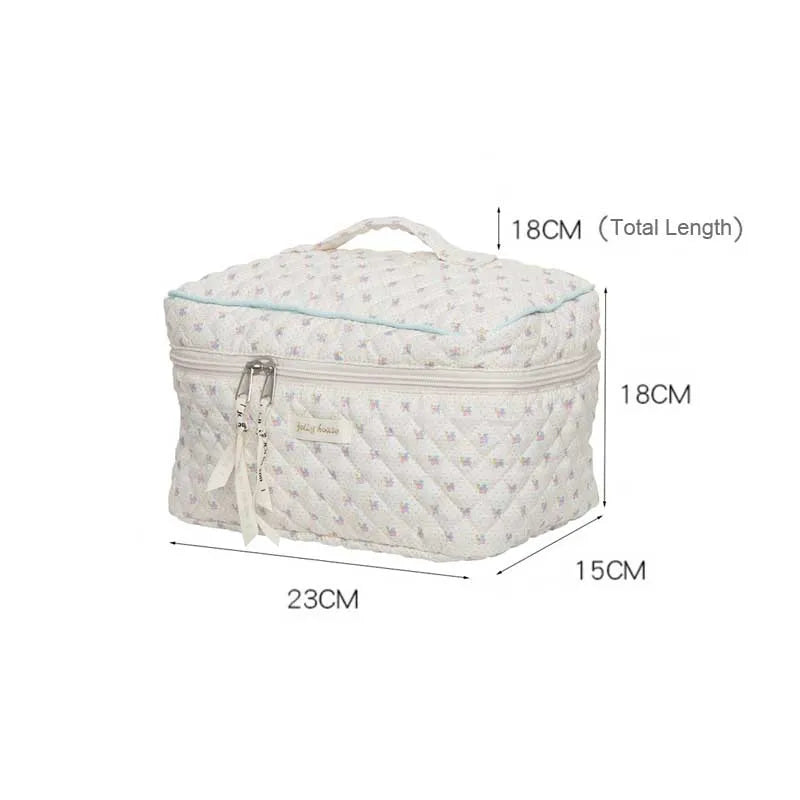 Quilted Cotton Makeup Bag Floral Cosmetic Pouch Portable Travel Beauty Case