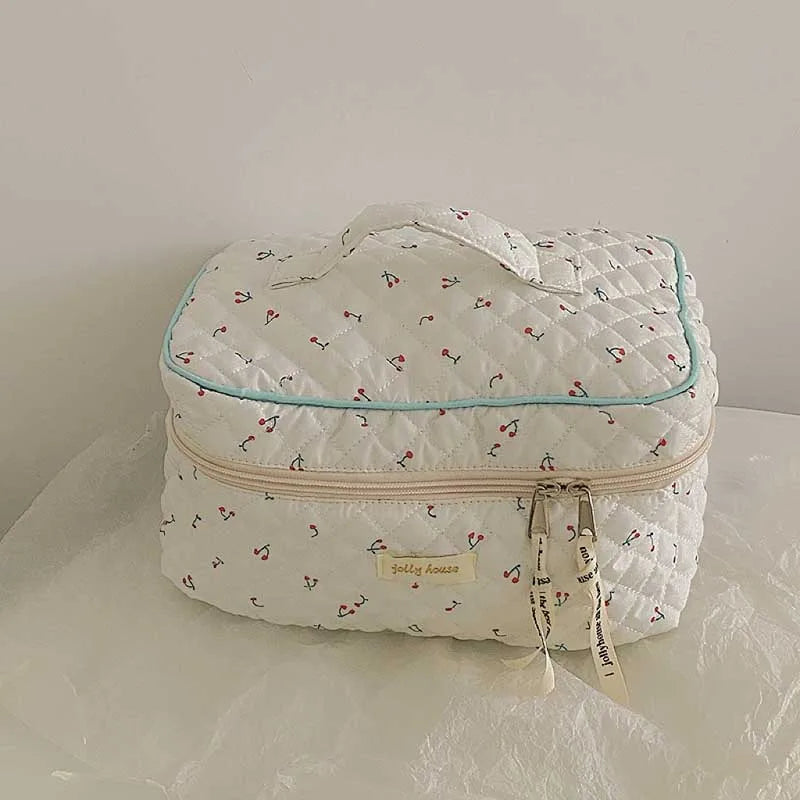 Quilted Cotton Makeup Bag Floral Cosmetic Pouch Portable Travel Beauty Case