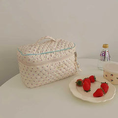 Quilted Cotton Makeup Bag Floral Cosmetic Pouch Portable Travel Beauty Case