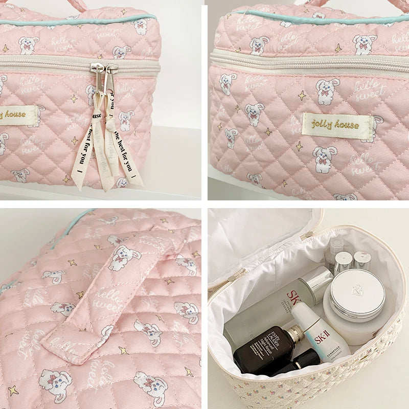 Quilted Cotton Makeup Bag Floral Cosmetic Pouch Portable Travel Beauty Case
