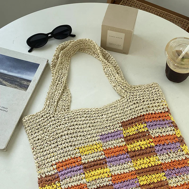 Large Capacity Beach Bag Colorful Shoulder Bags Woven Handbag Straw Casual Tote