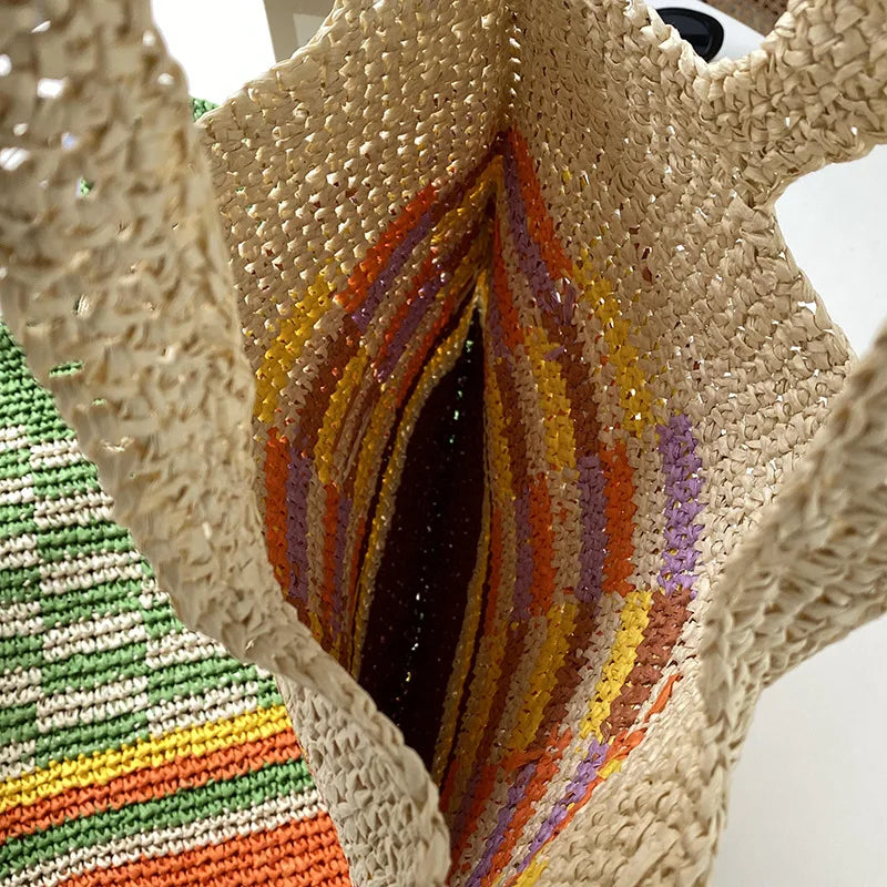 Large Capacity Beach Bag Colorful Shoulder Bags Woven Handbag Straw Casual Tote