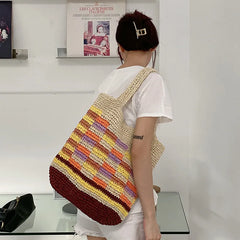 Large Capacity Beach Bag Colorful Shoulder Bags Woven Handbag Straw Casual Tote