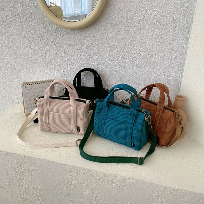 Mini Corduroy Shoulder Bag Canvas Handbag Zipper Totes Casual Purse Cloth Pouch