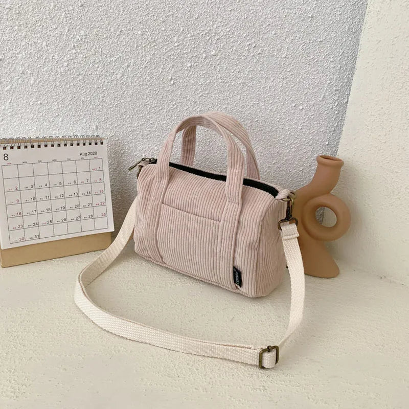 Mini Corduroy Shoulder Bag Canvas Handbag Zipper Totes Casual Purse Cloth Pouch