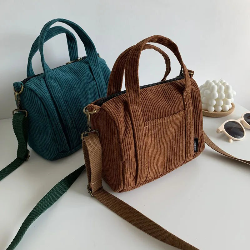 Mini Corduroy Shoulder Bag Canvas Handbag Zipper Totes Casual Purse Cloth Pouch