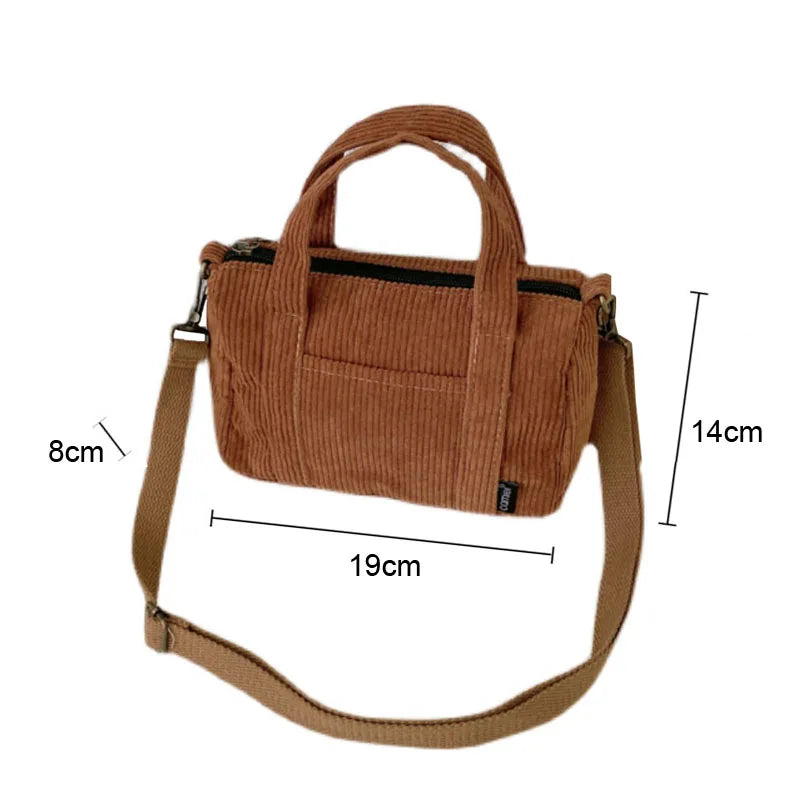 Mini Corduroy Shoulder Bag Canvas Handbag Zipper Totes Casual Purse Cloth Pouch