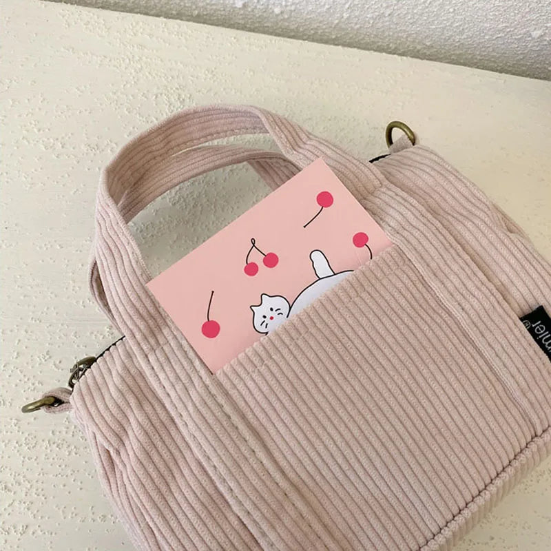 Mini Corduroy Shoulder Bag Canvas Handbag Zipper Totes Casual Purse Cloth Pouch