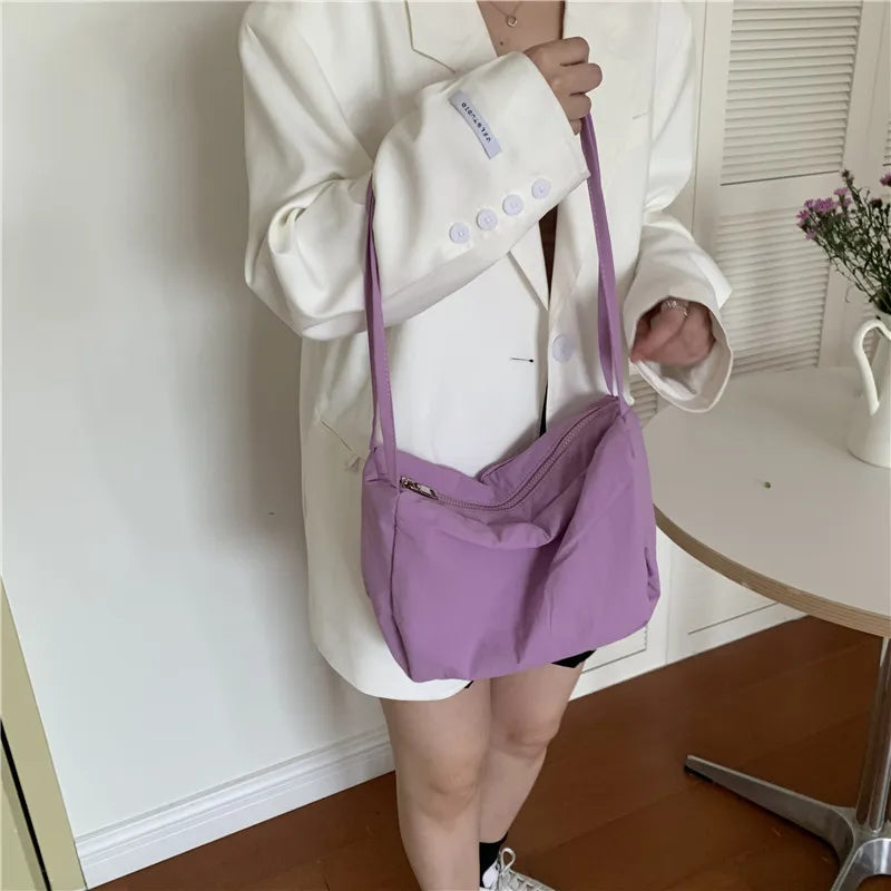Solid Nylon Shoulder Bag Casual Tote Female Handbag With Zipper