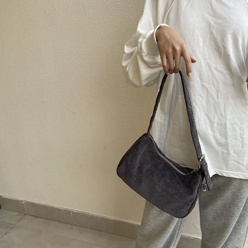 Women's Corduroy Shoulder Bag with Zipper