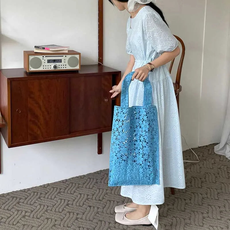 Woven Shoulder Bag Hook Flower Lace Tote Bags Summer Beach Cotton Portable