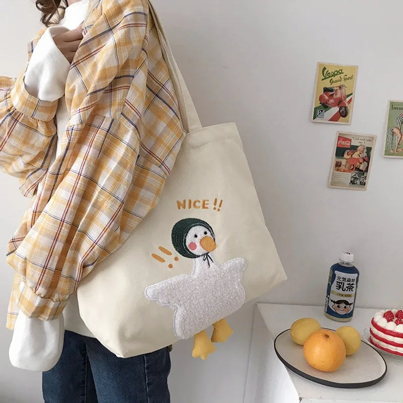 Duck Embroidery Canvas Tote Bag Large Shoulder Work Handbag for Women