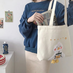 Duck Embroidery Canvas Tote Bag Large Shoulder Work Handbag for Women