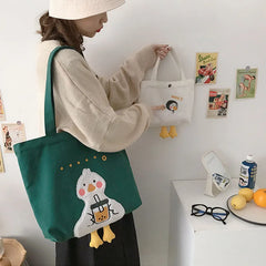 Duck Embroidery Canvas Tote Bag Large Shoulder Work Handbag for Women