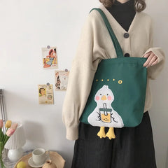 Duck Embroidery Canvas Tote Bag Large Shoulder Work Handbag for Women