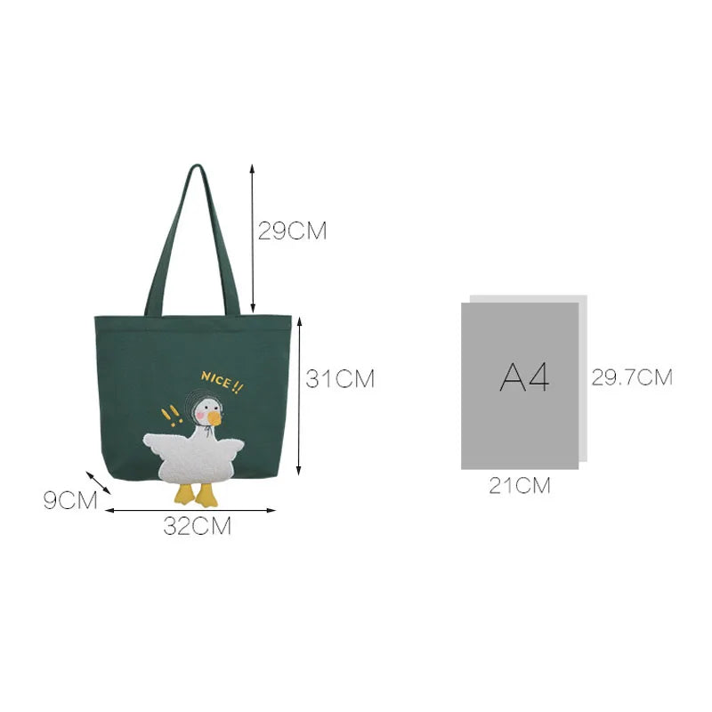 Duck Embroidery Canvas Tote Bag Large Shoulder Work Handbag for Women