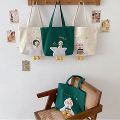 Duck Embroidery Canvas Tote Bag Large Shoulder Work Handbag for Women