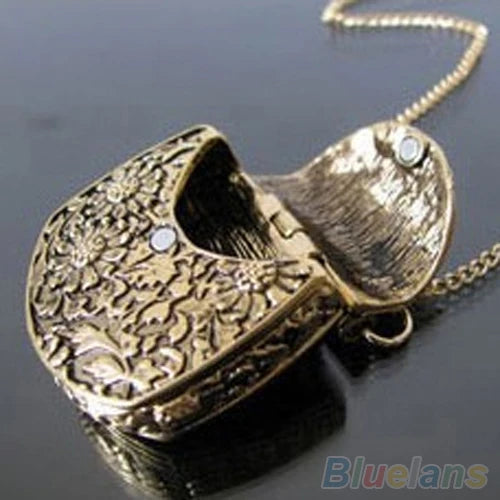 Vintage Bronze Locket Chain Pendant Long Necklace
