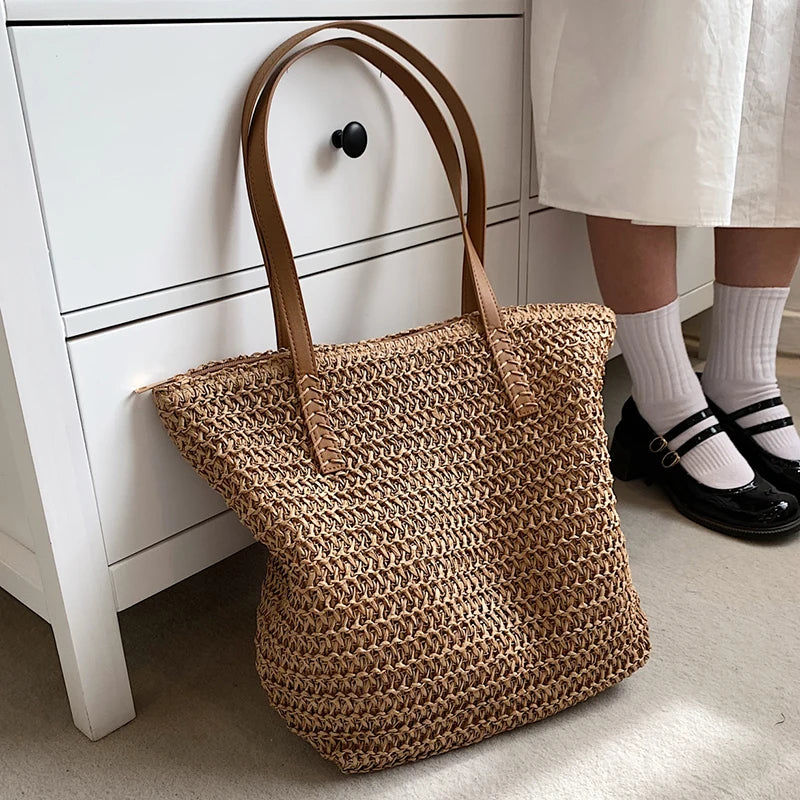 Summer Women Straw Handbag Zipper Straw Beach Tote Bag