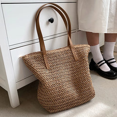Summer Women Straw Handbag Zipper Straw Beach Tote Bag