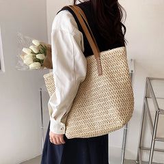 Summer Women Straw Handbag Zipper Straw Beach Tote Bag