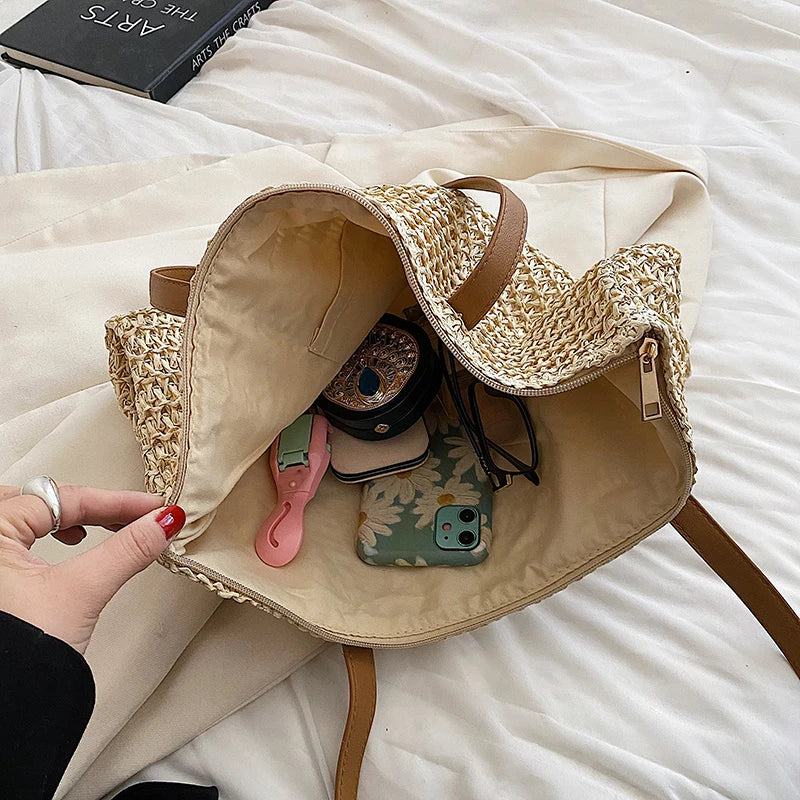 Summer Women Straw Handbag Zipper Straw Beach Tote Bag