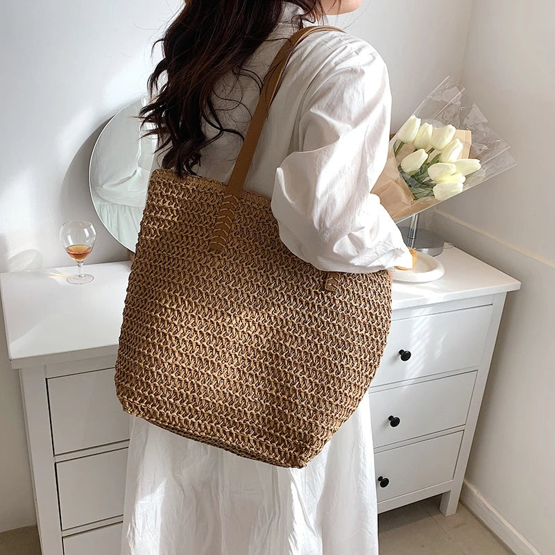 Summer Women Straw Handbag Zipper Straw Beach Tote Bag