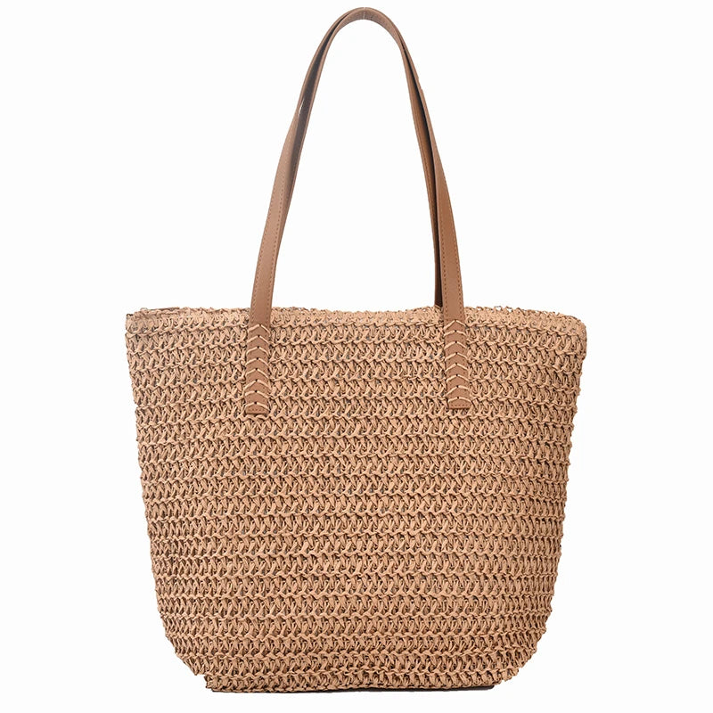 Summer Women Straw Handbag Zipper Straw Beach Tote Bag