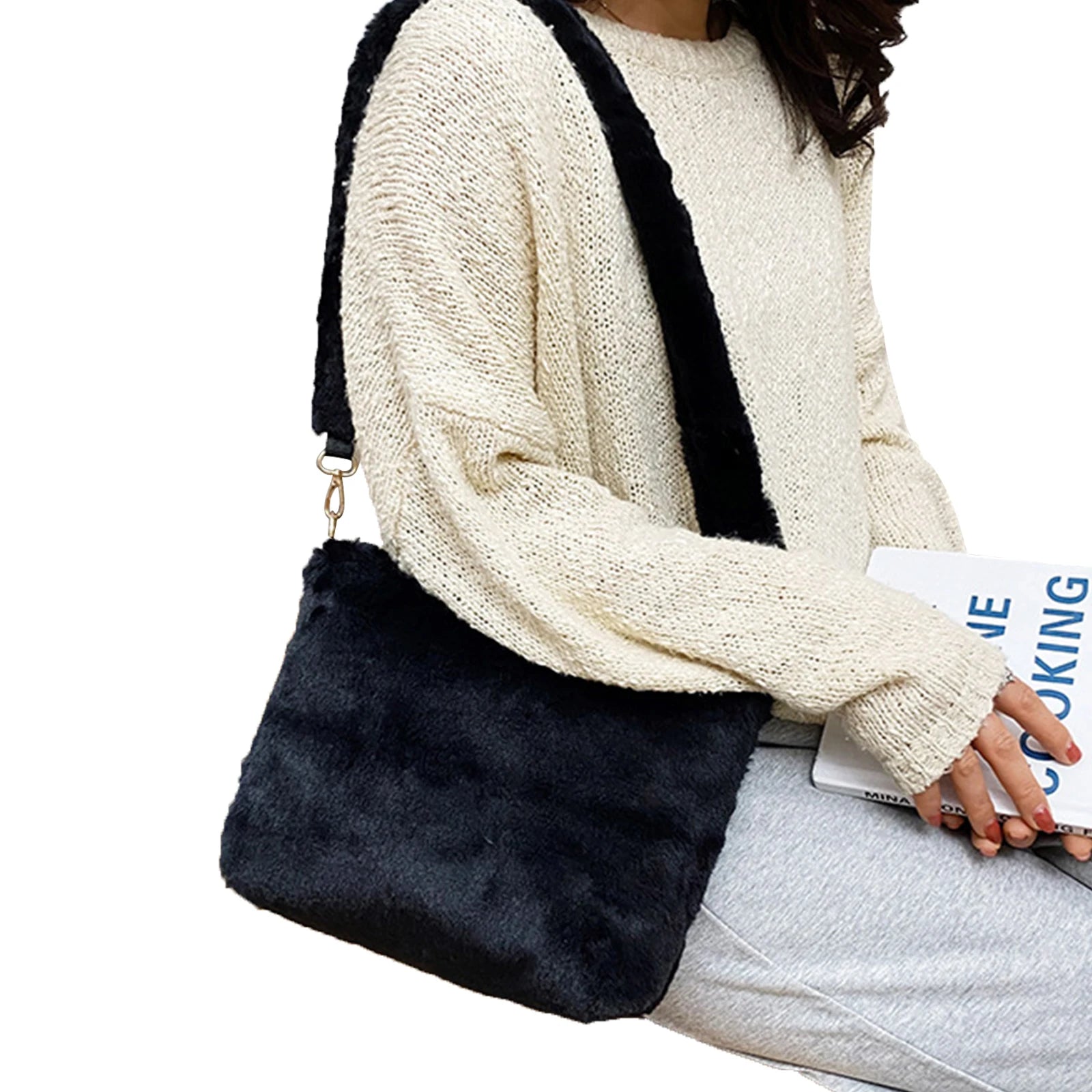 IMCUTE Square Plush Handbag Faux Fur Zipper Shoulder Bag