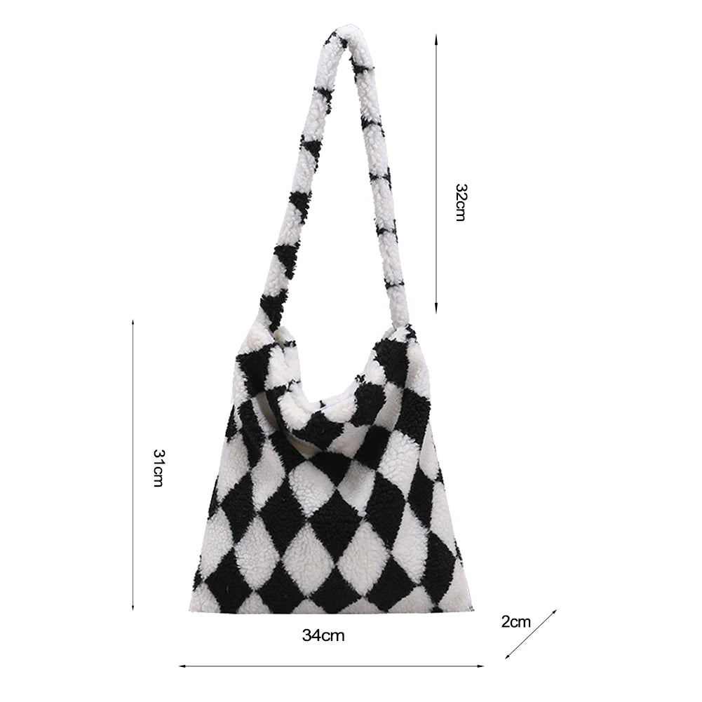 INS Women Checkerboard Print Shoulder Bag Large Capacity Tote Winter Bucket Bags