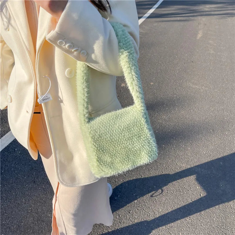 Women Winter Plush Shoulder Bag Soft Tote Faux Fur Purse