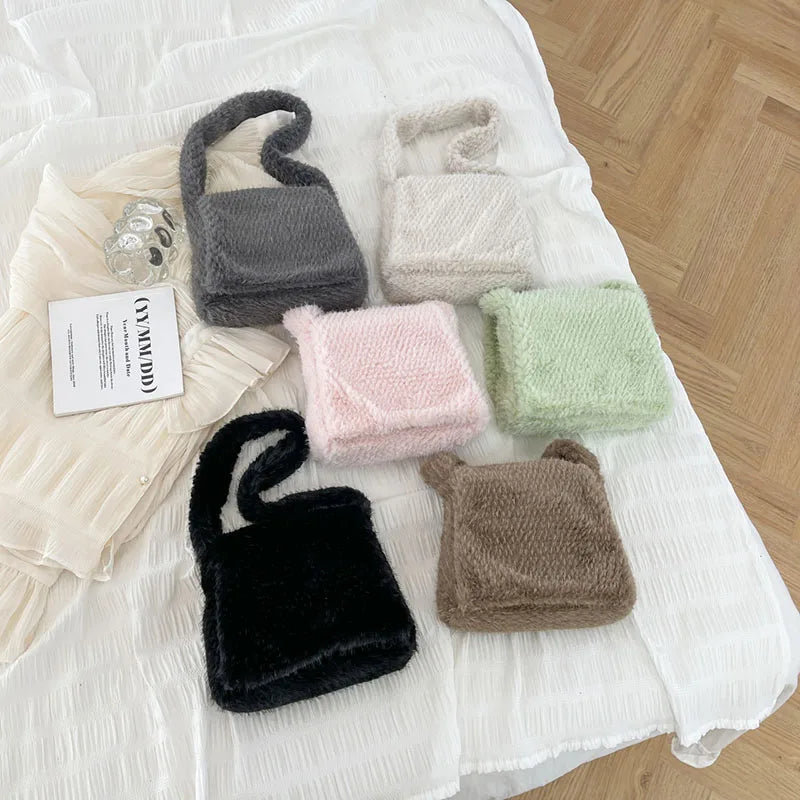 Women Winter Plush Shoulder Bag Soft Tote Faux Fur Purse