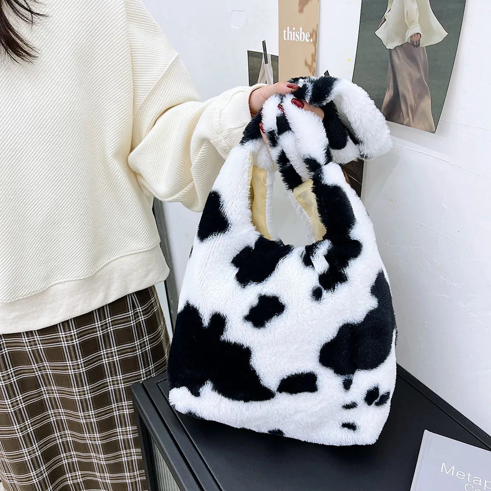 Women Plush Flower Shoulder Bags Leopard Cow Print Bucket Bags
