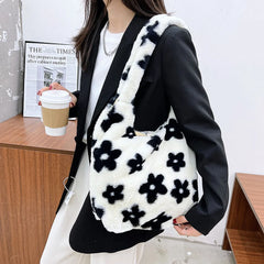 Women Plush Flower Shoulder Bags Leopard Cow Print Bucket Bags