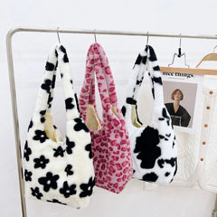 Women Plush Flower Shoulder Bags Leopard Cow Print Bucket Bags