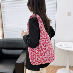 Women Plush Flower Shoulder Bags Leopard Cow Print Bucket Bags