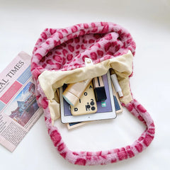 Women Plush Flower Shoulder Bags Leopard Cow Print Bucket Bags