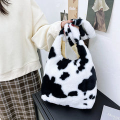 Women Plush Flower Shoulder Bags Leopard Cow Print Bucket Bags